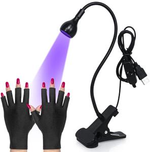LED Nail Lamp,3W Nail Dryer with Gooseneck and Clamp Adjustable, Protection Gloves Portable UV Light for Manicure Curing Light for Salon Nail DIY Home(Black)