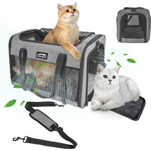 Soft-Sided Large Cat Carrier for 2 Cats, Spacious Foldable Pet Travel Carrier for Large Cats up to 25 Lbs, Double Cat Bag with Shoulder Strap, 20x13x13 Inch, Fits Maine Coon and Small Dogs, Grey
