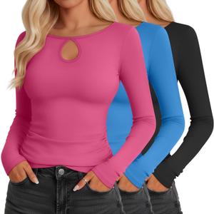 3 Pack Women's Long Sleeve Cutout Neck Keyhole Knit Shirts Slim Fit Stretchy Going Out Y2k Tops with Side Ruched (Large, Black, Royal Blue, Light Pink)