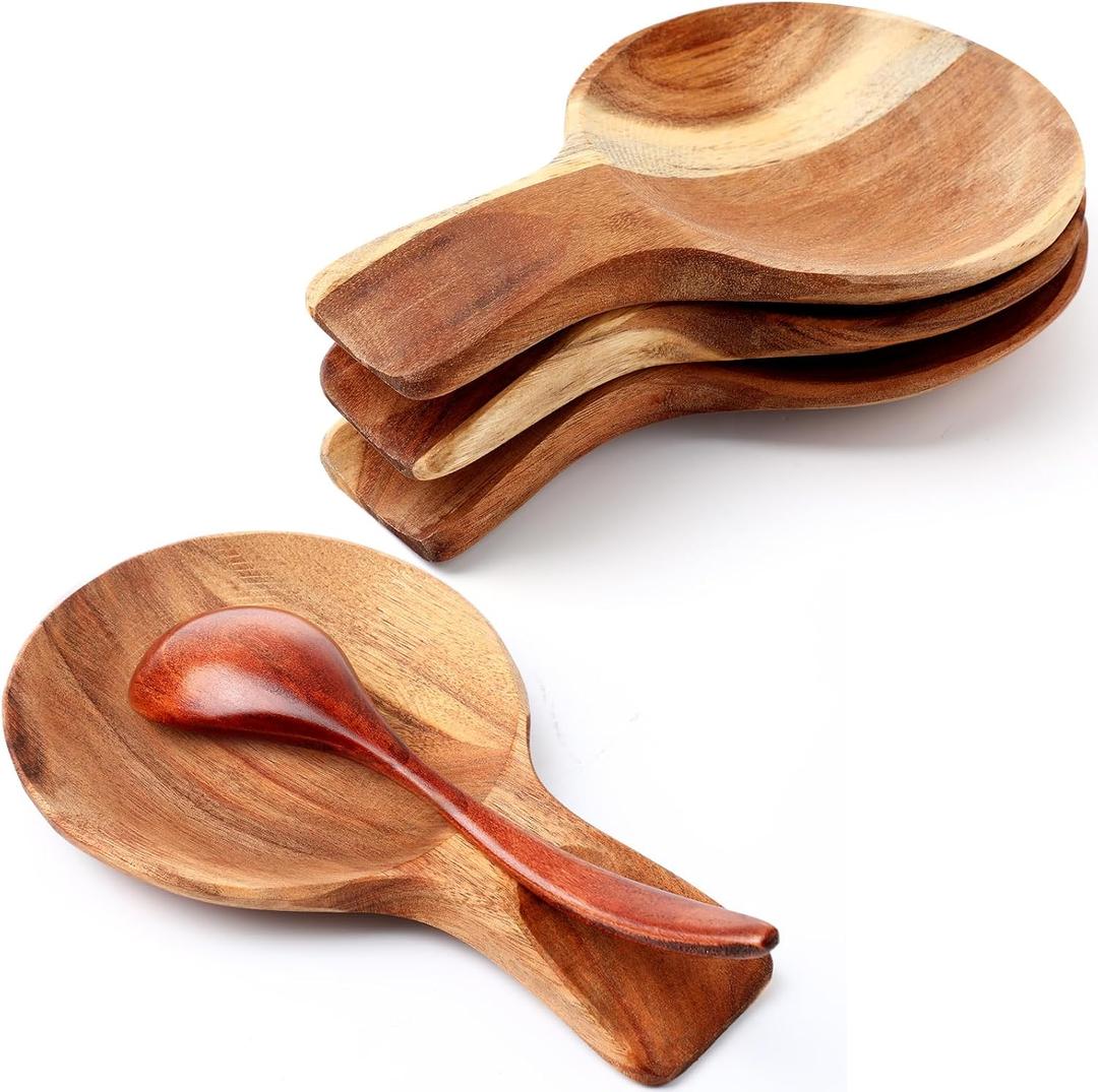 Honeydak 4 Pcs Acacia Wood Spoon Rest for Stovetop Handmade Smooth Wooden Kitchen Spoon Holder for Ladles Tong Cooking Accessories Housewarming Gifts (Round)
