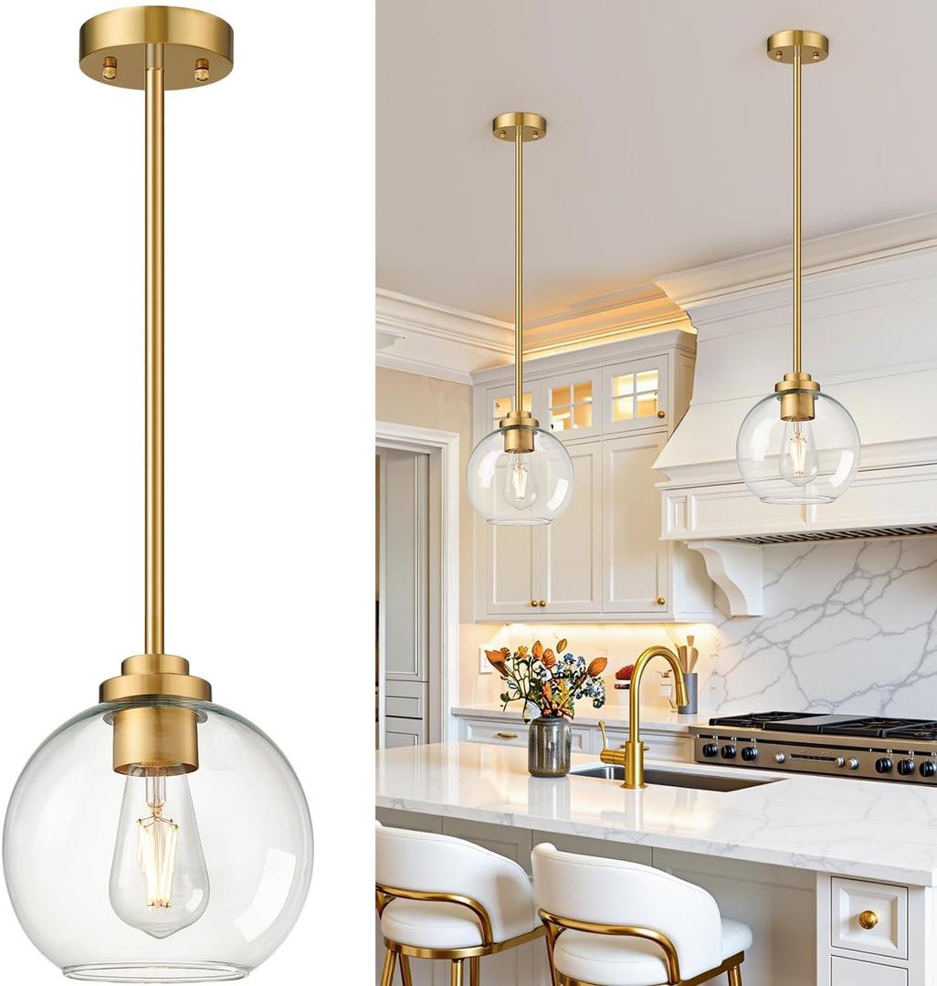 2 Pack 7.2-Inch Globe Pendant Lights, Mid Century Gold Pendant Light Fixtures, Globe Pendant Lights Kitchen Island with Clear Glass Shade Adjustable Hanging Fixture for Dining Room Bulbs not Included
