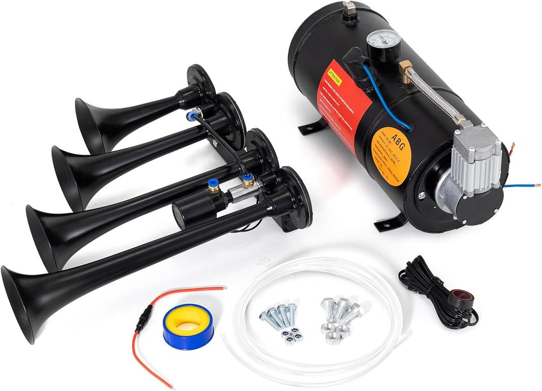 FARBIN 178DB Four Trumpet Horns Super Loud Air Horns with 150 PSI Air Tank Train Horn Kit for Truck with 12V Air Compressor Can for Truck Jeep SUV Train Metal (0.8 gal 12v black parallel air horn kit)