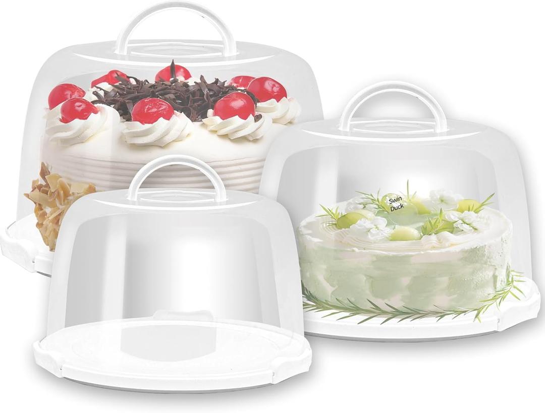 3 Pack Round Cake Carrier Set, 12/8/9 inch Portable Cake Transport Container with Lid and Handle, Cake Holder with Cover Storage Container for Bundt Cakes Cupcakes & Desserts