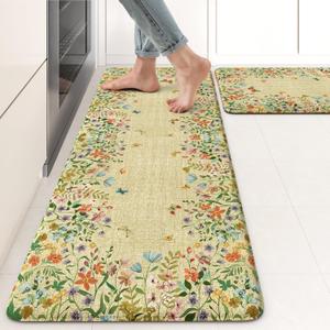KIMODE Anti Fatigue Mats for Kitchen Floor 17"x47"+17"x29", Brown Butterfly Floral Kitchen Rugs Sets of 2, Cushioned Kitchen Floor Mats, Non Slip Standing Mat for Sink Laundry Office Desk