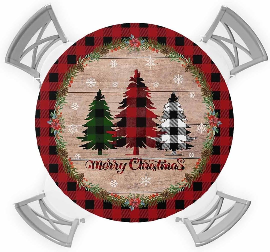 Christmas Elastic Round Tablecloth, Christmas Tree Red Buffalo Plaid Xmas Snowflake Fitted Tablecloths for Round Table Oil-Proof Waterproof Table Cloth (Fit for 55" - 60" Round Tables)