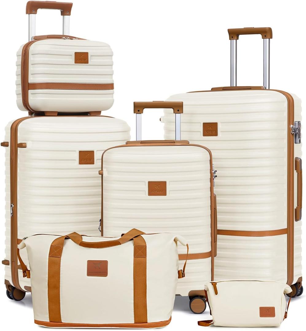 Joyway Luggage Set 3 Piece Suitcase Sets with Spinner Wheel,Hardside Expandable Travel Laggage with TSA Lock (13/20/24/28 White Brown)