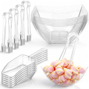 8oz 6 Clear Plastic Candy Bowls, 4 Scoops and 4 Tongs Set Square Disposable Plastic Buffet Containers for Chip, Snacks Popcorn Candy Bar Birthday Party Supplies