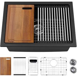 Davivy 24 Inch Black Granite Composite Kitchen Sink Workstation, 24 x 18 Black Undermount/Drop In Kitchen Sink, Deep Quartz Single Bowl with Accessories