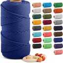 Macrame Cotton Cord 6mm x 100m, ZUEXT 100% Natural Handmade Colorful 4 Strands Twisted Braided Cotton Rope for Wall Hanging Plant Hangers Gift Wrapping Tapestry DIY Crafts, Sapphire Blue