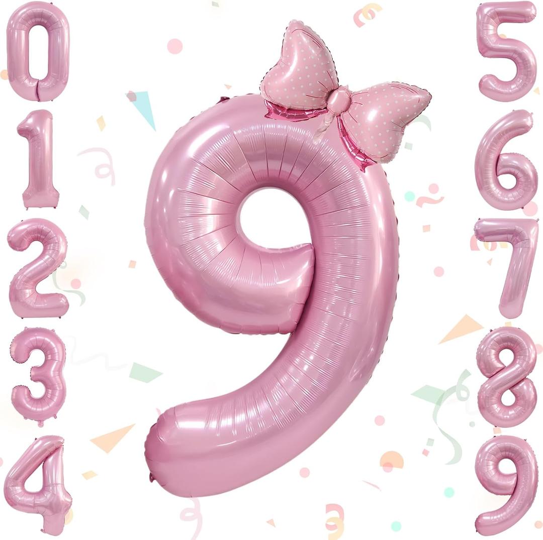 Kaemi 40 Inch Number 9 Balloon with Bow Balloons Set Large Pink Birthday Number Balloons Foil Balloons for Baby Shower 9th Birthday Party Decorations