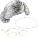 Cooraby 3 Pieces 100 Days of School Grey Old Lady Wig Grandma Wig Granny Glasses Artificial Pearl Necklace Halloween Fancy