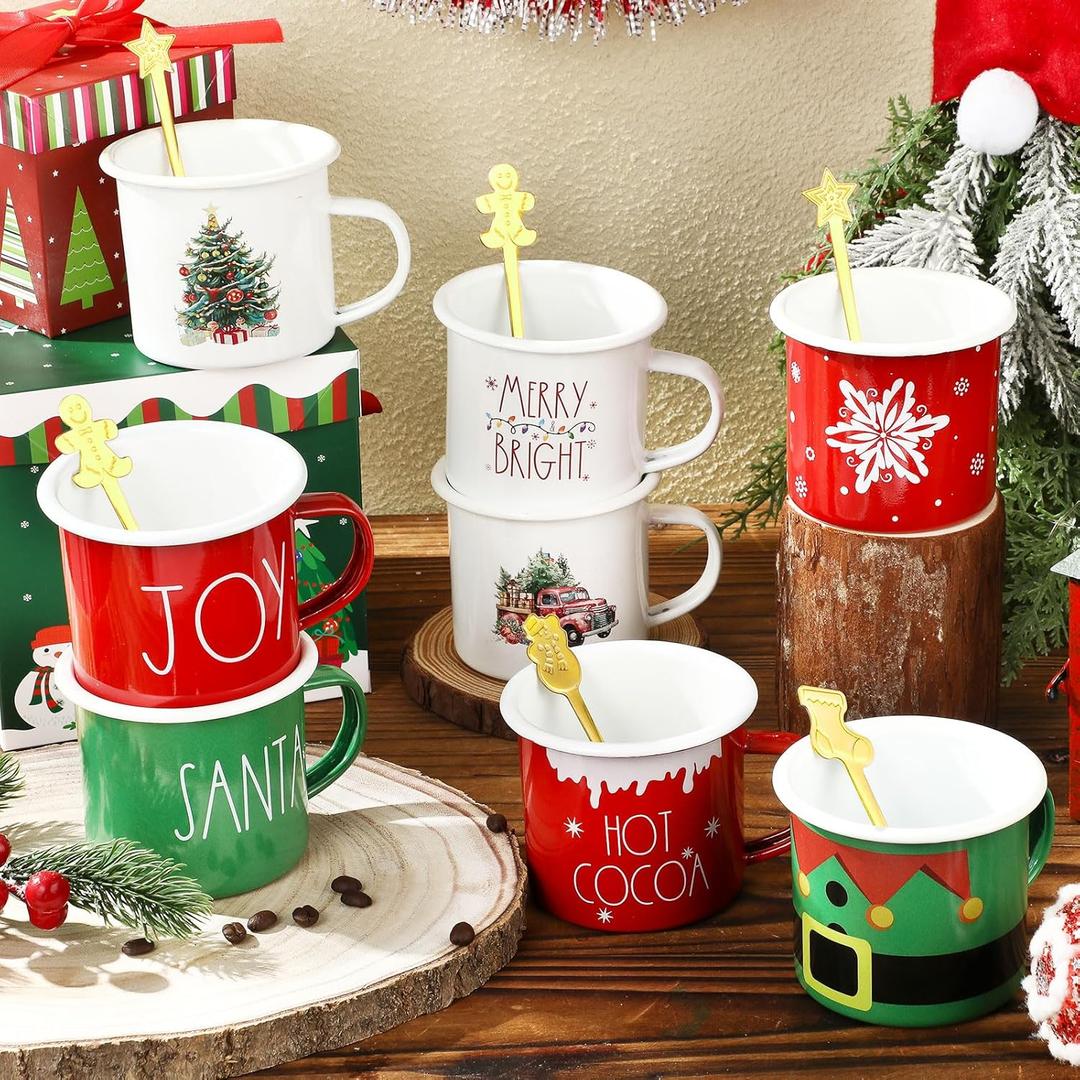 Sliner 8 Set Christmas Coffee Mugs with Spoon 12 Oz Holiday Coffee Enamel Mug Hot Cocoa Design Christmas Gift Mugs for Xmas Friends Coworker Office Home(Joy)