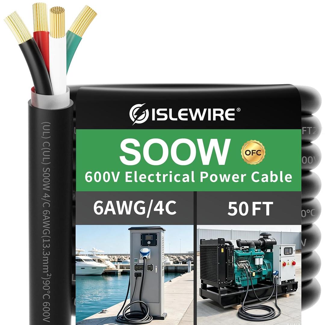 6/4 SOOW Cable, 50 FT 6 AWG Copper Wire, 4 Conductor Heavy Duty Power Cable
6/4 SOOW Cable 600V, 6 AWG Copper Wire 4 Conductor, Heavy Duty Power Cable, OFC Flexible Welder Cord for 50 Amp Applications