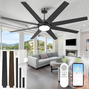 72Inch Ceiling Fans with Lights and Remote APP,Outdoor Indoor Black LED Big Ceiling Fan Reversible 24db Quiet DC Motor,6 Speed 3CCT Dimiable,Modern Ceiling Fans for Patios Living Room Farmhouse Garage (72Inch 8 Blades)