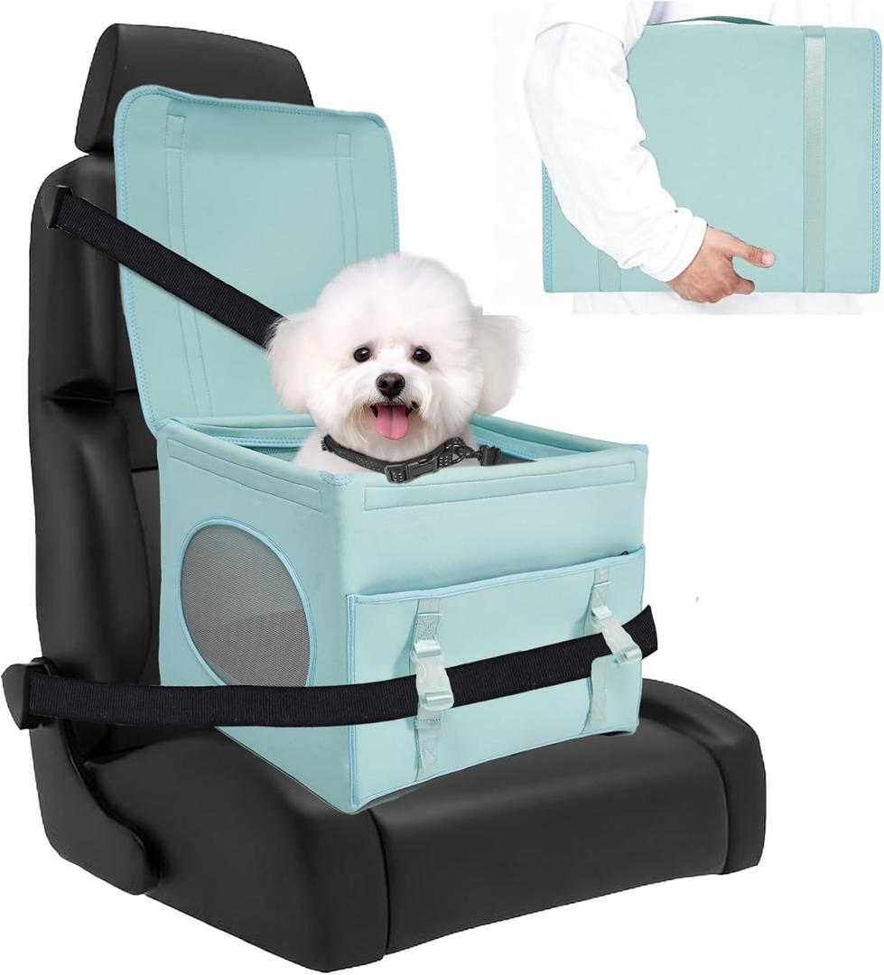 Dog Travel Seat, Pet Booster Seat for Small Dogs with Safety Tether Leash, Machine Washable, Durable and Keeps Shape, Breathable Mesh Sides, Storage Pocket in Front, Fits Car Truck SUV, Green