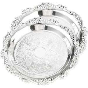 Silver Decorative Tray Set of 2, 8'' Round Vintage Metal Vanity Tray for Perfume, Small Ornate Jewelry Dish, Bathroom Counter Organizer, Coffee Table Decor