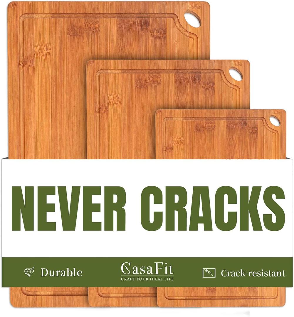 3-Piece Organic Bamboo Cutting Board Set for Kitchen - Carbonized Extra Sturdy Chopping Boards with Juice Grooves - Knife-Friendly Multi-Size (15", 12", 9") for Meat & Veggies - Housewarming Gift Box (Brown)