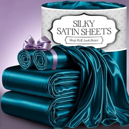 DECOLURE Satin Bed Sheets - 4 Piece Luxury Silky Queen Size Bedding Set - Softer Than Silk, Wrinkle-Free with 15” Deep Pocket Fitted Sheet, Perfect for Hair & Skin, Gifts for Women (Sea Teal)