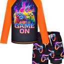 Boys 2 Piece Rash Guard Swimsuit Long Sleeve Swim Shirt and Trunks Quick Dry Black Bathing Suit Game Console Set Size 12-14