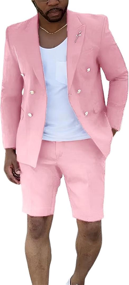 Shorts Suits for Men 2 Piece Slim Fit Double Breasted Mens Shorts Suit Set Casual Prom Summer Beach Wedding Tuxedos (Small, Pink) Shorts Suits for Men 2 Piece Slim Fit Double Breasted Mens Shorts Suit Set Casual Prom Summer Beach Wedding Tuxedos (Small, Pink)
