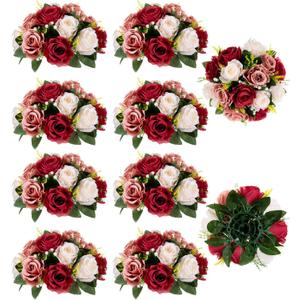BLOSMON Wedding Flowers Centerpieces for Tables: 10 Pcs Burgundy & Dusty Rose & Creamy White Fake Roses Kissing Balls Decoration - Artificial Silk Floral Arrangements for Home Party DIY Decor