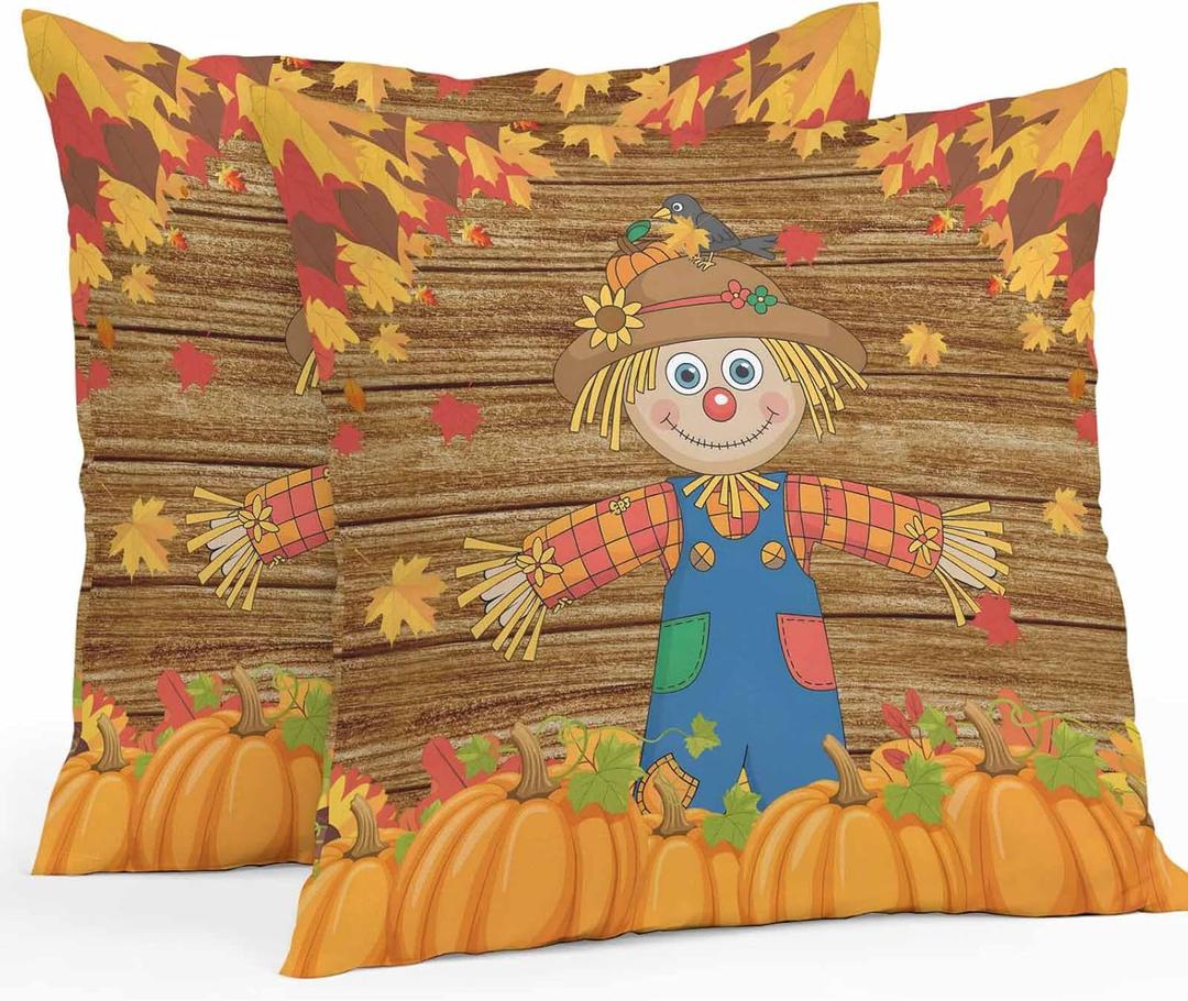 Thanksgiving Scare Crow Outdoor Waterproof Pillow Covers 16x16 Pack of 2 Vintage Pumpkin Leaf Wood Texture Decorative Outdoor Pillow Covers Square Cushion Cases for Patio Furniture Pergola Couch (Yellow Orange)