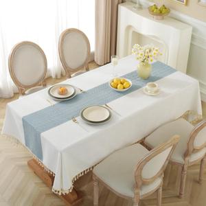 Tablecloth for Dining Table Rustic Farmhouse Kitchen Wrinkle Free Table Cloths Coffee Table Cover, Cotton Linen Fabric Rectangle Tablecloth, Beige, Blue Stripe, 55x120 Inches
