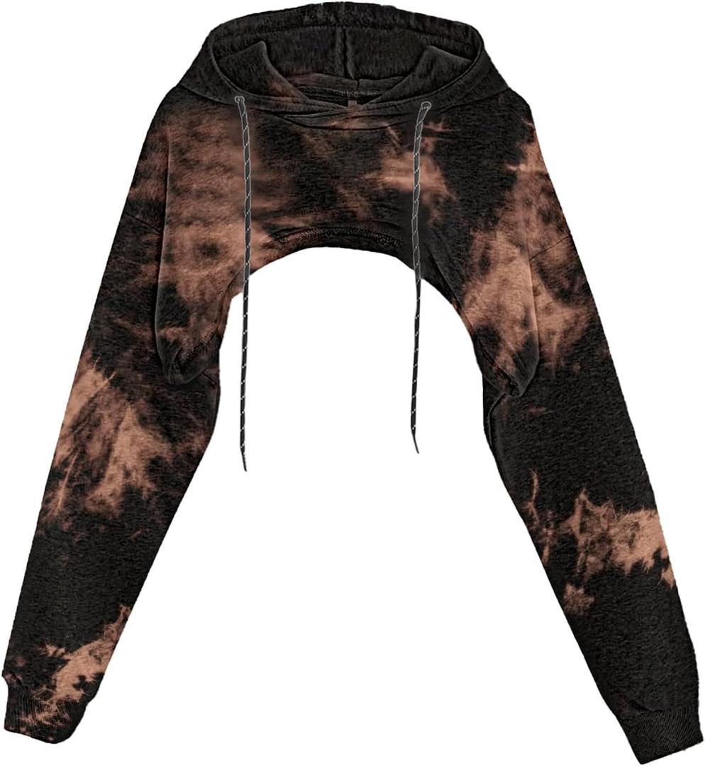 Remidoo Women's Super Crop Top Hoodie Long Sleeve Pullover Tie Dye Cropped Sweatshirt Black Brown Small