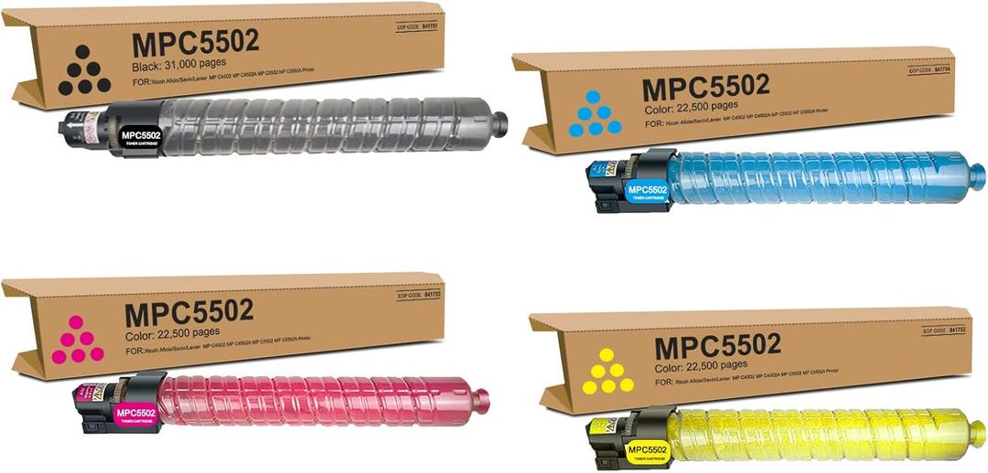 MP C4502 C5502 Toner Cartridge Black Cyan Magenta Yellow 4 Pack, 841751 841752 841753 841754 Compatible with Ricoh Aficio/Savin/Lanier MP C4502 C4502A C5502A C5502 Printer
