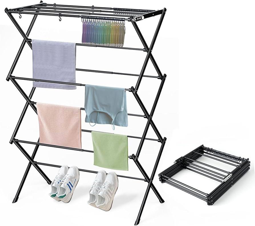 Foldable Portable Metal Clothes Drying Rack for Indoor Air Drying, Energy Savin, Black