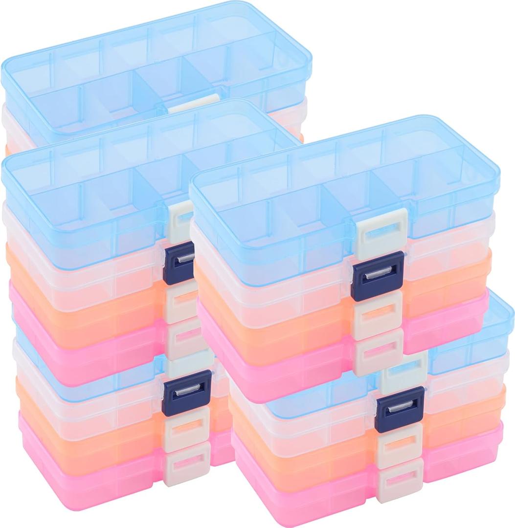 32 Pack 10 Grids Small Plastic Jewelry Bead Organizer Box, Colored Plastic Bead Storage Organizer Box with Adjusatble Dividers for Beads Earrings Rings Jewelry, 4 Colors