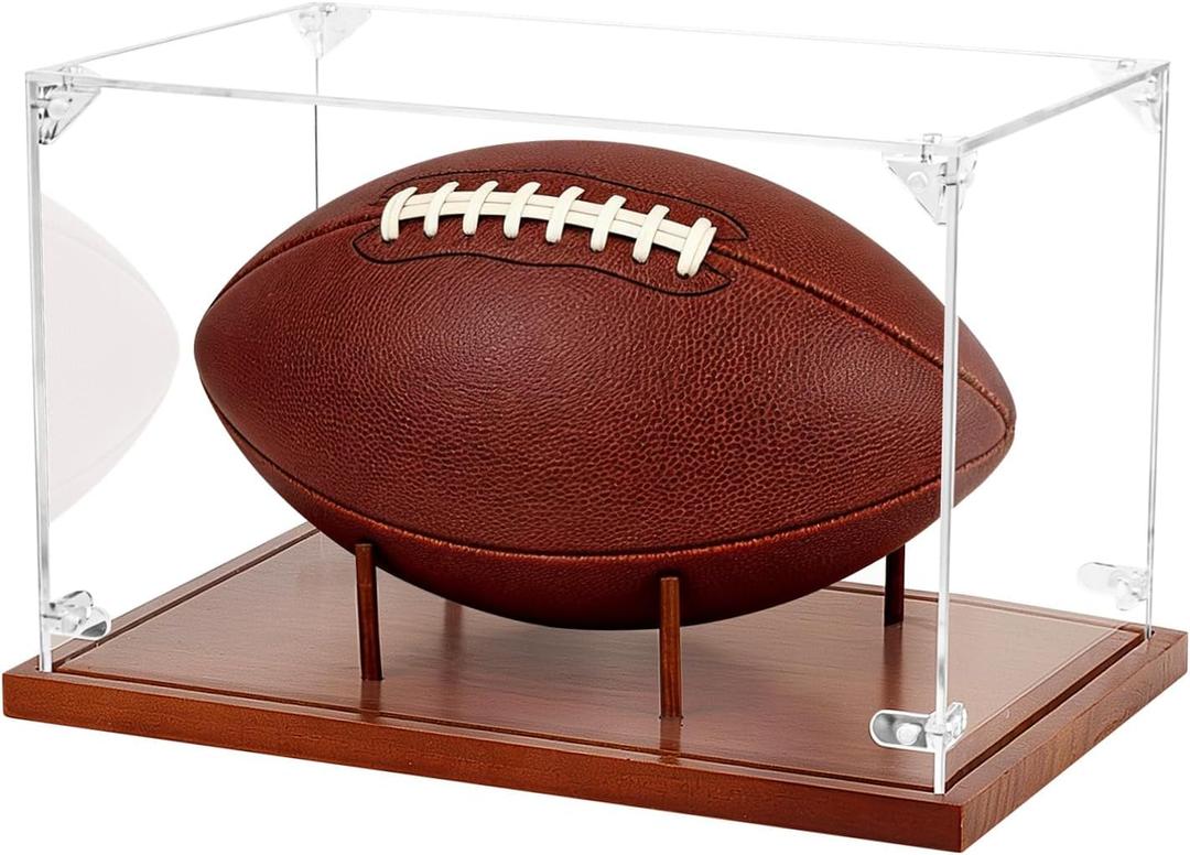 Clear Acrylic Football Display Case with Wood Base & Tee, Memorabilia Stand Cube Holder, Dust Protection Transparent Storage Box for Single Ball Souvenir Football Collections (1 Pack)