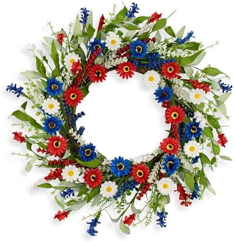 22 Inches Patriotic Wreath 4th of July Wreaths for Front Door Independence Day Wreath with Red White and Blue Wildflowers Wheat for Wall Window Porch Flag Memorial Independence Day Decoration
