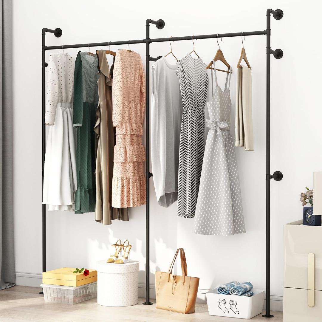 ORSENIGO Industrial Pipe Clothing Rack, Heavy Duty Clothes Rack for Hanging Clothes, Wall Mounted Display Garment Rack for Home Retail Boutique (Double, Black)