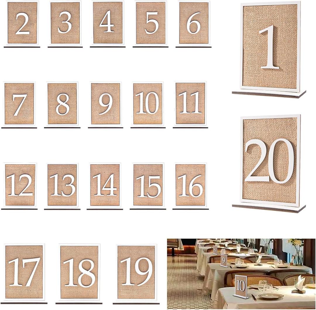 20 Pcs Table Numbers - 1-20 Wedding Table Numbers with Wooden and Rattan Sign for Banquet Restaurant Wedding Party Decor (6.7"L x 5.1"W, White and Natural)