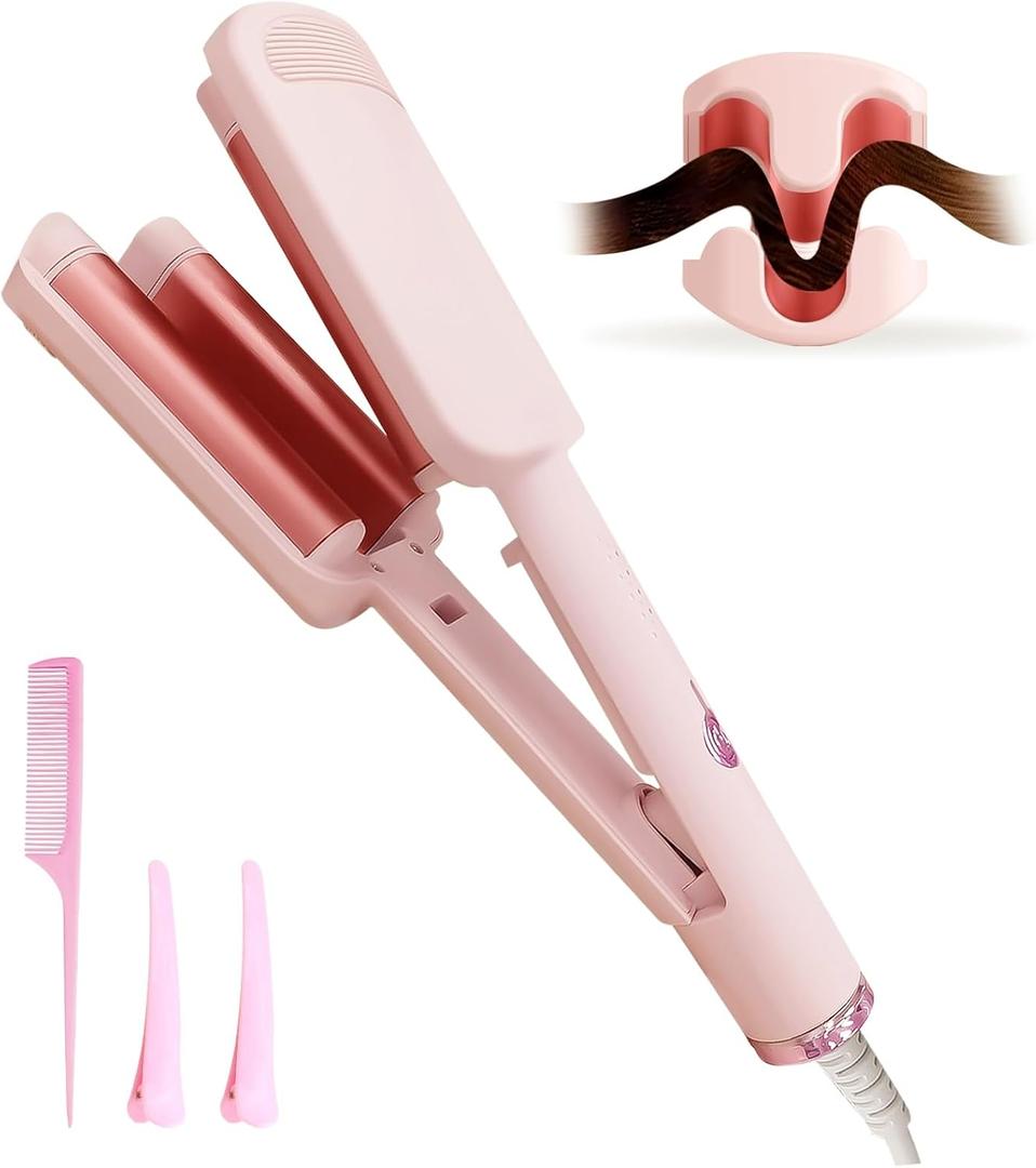 Deep Beach Waver Curling Iron Hair Crimper, Ionic Deep Waver Hair Curler Tool, Beach Waver Curling Wand, Hair Curler and Hot Tools Curling Iron with Ceramic 3 Barrel for Short Hair Women (Pink)
