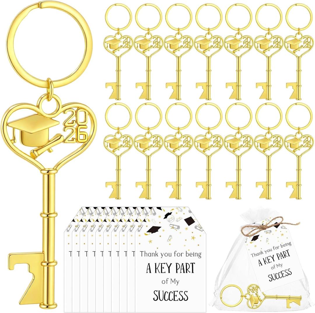 Misdary 30 Sets Graduation Party Favor for Guest 2026 Graduation Cap Bottle Opener Keychains with Thank You Card Organza Bags Class of 2026 College Celebration Party Supplies (Gold)
