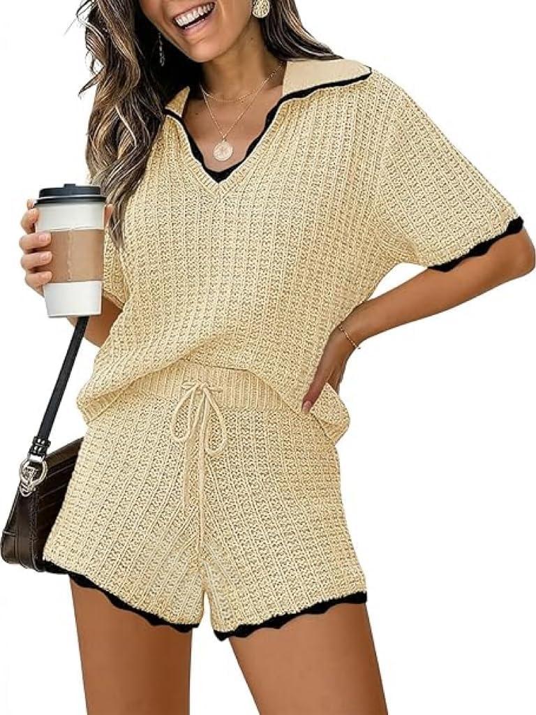 Tankaneo Womens Sweater Set 2 Piece Outfits Lapel V Neck Short Sleeve Knit Tops Summer Shorts Lounge Sets, Beige, Medium