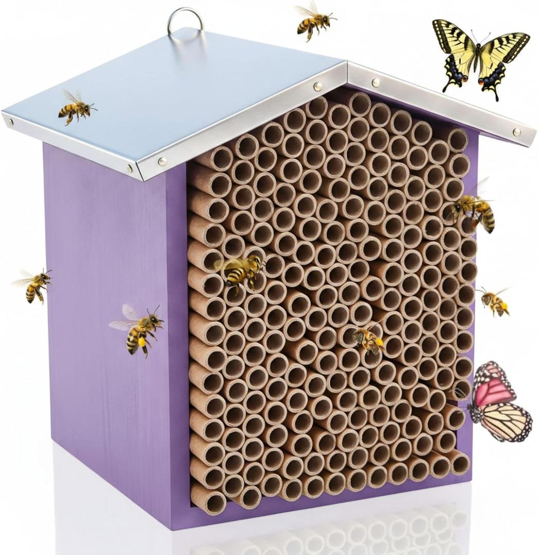 Vicenpal Mason Bee House with Tubes Native Bee Boxes Hive Wooden, Pollinator House Waterproof, Wax Coated Tall Insect Hotel, Butterfly, Ladybirds, Beneficial Insect Habitat, Bug Hotel Garden