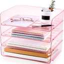 Harloon 4 Tier Pink Acrylic Paper Organizer 13 x 9.8 x 3 Inches Letter Tray Desk File Organizer Stackable Documents Clear Letter Paper Holder Office Tray for A4, Office Home File Desktop Storage
