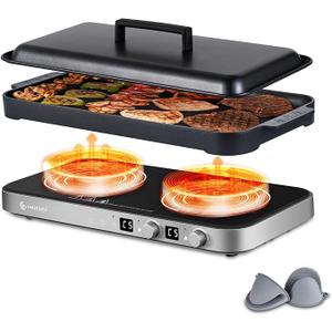 AMZCHEF Double Induction Cooktop with Removable Griddle Pan Non-stick, 1800W 2 burner Portable Induction Stove With Sensor Touch 9 Power Levels, 99 Min Timer, Iron Grey