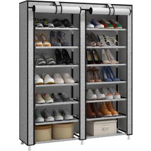 JIUYOTREE 7-Tier Shoe Rack Storage Organizer with Dustproof Cover Closet Cabinet Shelf Holds up to 28 Pairs for Doorway Corridor Balcony Living Room Ash Gray