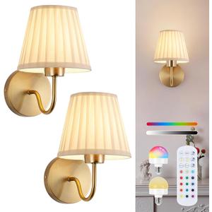 Vintage Battery Operated Wall Sconces Set of 2, Pleated Fabric Shade Gold Wall Lamp with Remote Control, Cordless Rechargeable Wall Sconces Fixtures for Bedroom, Living Room, Beside (2 Bulbs Included)
