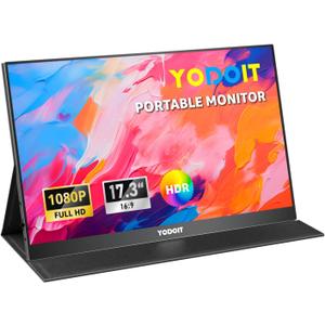 Yodoit Portable Monitor for Laptop 19201080 17.3" FHD Screen IPS Display with USB Type C Port, Built-in Speakers and Smart Cover Compatible with PC, MacBook, Xbox (Black)