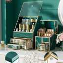 CoralHouse Makeup Organizer Green Large Vanity Organizer for Skincare, Lipsticks, Perfume & Brushes Countertop Cosmetic Storage Box for Women, Bathroom or Dresser.