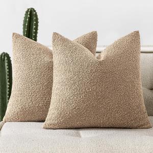 Woaboy Pack of 2 20x20 Inch Decorative Boucle Throw Pillow Covers Textured Square Pillowcaes Accent Solid Cozy Soft Cushion Covers Home Decor for Sofa Couch Living Room Home Decor,Khaki