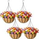 Black Flat Iron Metal Hanging Planter Basket with Coco Coir Liner(4 Pack, 14 Inch) Hanging Planters for Outdoor Plants Round Plant Flower Pots Hanging Flower Basket for Outdoor Patio Garden Decoration