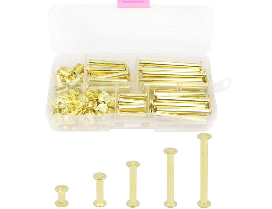 LBY 100pcs Phillips Chicago Screws, M5 x 10/20/30/40/50mm Binding Screw Posts, Book Screws, Binding Barrels and Screws Assortment Kit for Leather Saddles, Purses, Belt Repair, Copper-Plated (Golden)