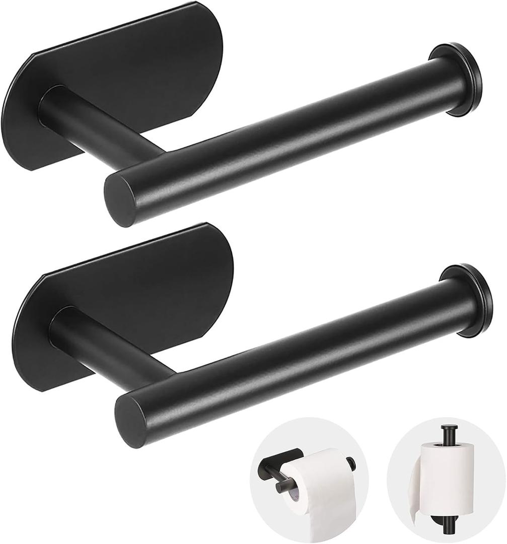 Toilet Paper Holder - Self Adhesive Toilet Paper Holder Wall Mount for Bathroom, SUS 304 Stainless Steel Command Strip Toilet Paper Roll Holder Stick On Wall, No Drilling - Matte Black2 Pcs