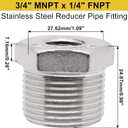 Reducer Coupling 3/4" NPT Male x 1/4" NPT Female Threaded Pipe Fitting, 304 Stainless Steel Reducing Pipe Fitting, 4 Pack